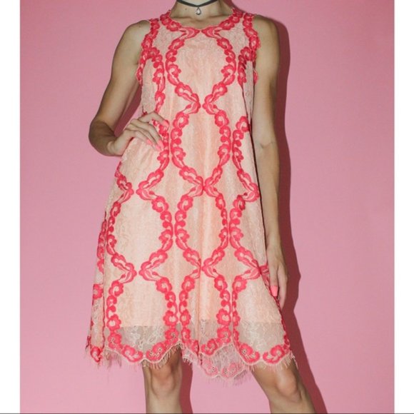 M.S.S.P. Max Studio Peach/Red Lace Trapeze Dress M - Picture 1 of 8